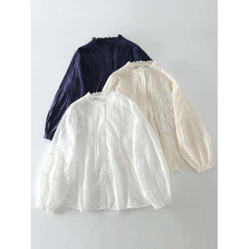 春季新款甜美風花邊領風琴褶拼接純棉刺綉長袖襯衫女百搭減齡襯衣