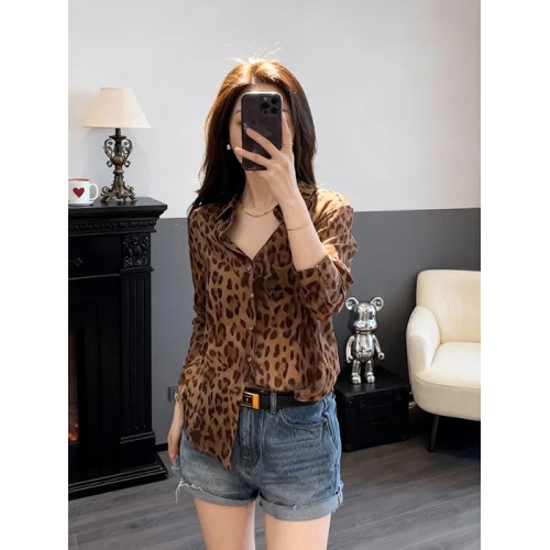 美式復古豹紋長袖防曬襯衫女2026春夏季新款寬鬆顯瘦薄款開衫上衣