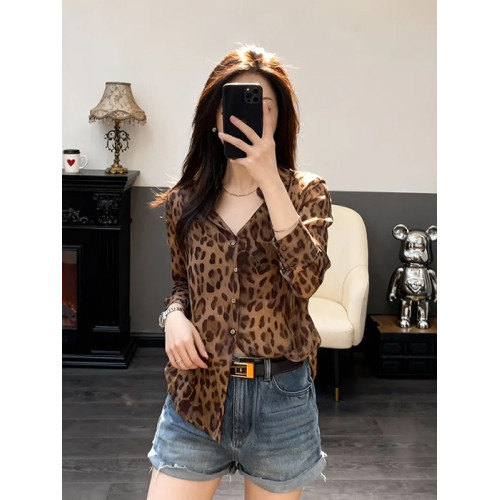 美式復古豹紋長袖防曬襯衫女2026春夏季新款寬鬆顯瘦薄款開衫上衣