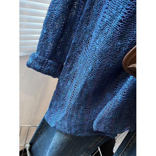 法式洋氣設計新款藍色針織衫2025年夏時尚通勤圓領減齡薄款上衣女