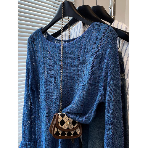 法式洋氣設計新款藍色針織衫2025年夏時尚通勤圓領減齡薄款上衣女