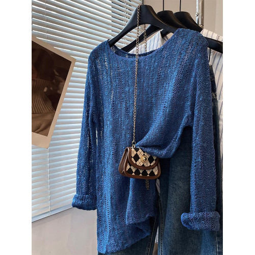 法式洋氣設計新款藍色針織衫2025年夏時尚通勤圓領減齡薄款上衣女