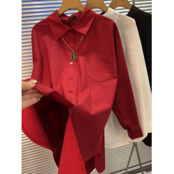 高級感炸街紅色長袖襯衫女歐洲站歐貨小個子時尚洋氣寬鬆顯瘦襯衣