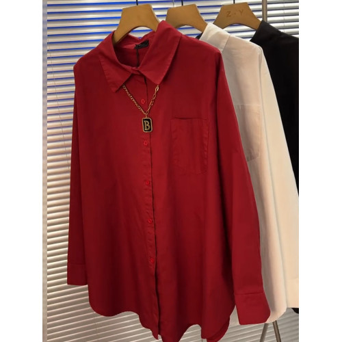 高級感炸街紅色長袖襯衫女歐洲站歐貨小個子時尚洋氣寬鬆顯瘦襯衣