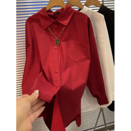 高級感炸街紅色長袖襯衫女歐洲站歐貨小個子時尚洋氣寬鬆顯瘦襯衣