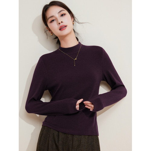 高級感綿羊毛腈綸春秋季透氣軟糯彈力打底長絨棉半高領長袖t恤女