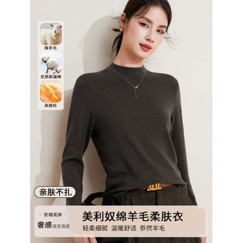 高級感綿羊毛腈綸春秋季透氣軟糯彈力打底長絨棉半高領長袖t恤女