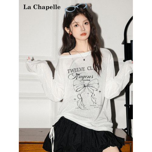 拉夏貝爾韓系印花寬鬆設計感罩衫抽褶微透顯瘦t恤女防曬長袖上衣