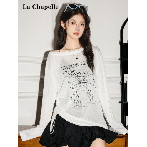 拉夏貝爾韓系印花寬鬆設計感罩衫抽褶微透顯瘦t恤女防曬長袖上衣