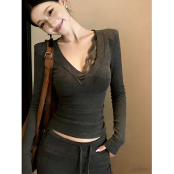 韓系性感V領蕾絲邊長袖t恤女秋冬高級感收腰辣妹內搭打底衫上衣甜