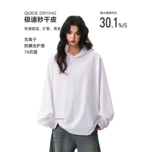 戶外吸濕速乾防曬長袖T恤女男春季涼感透氣騎行服寬鬆運動連帽衫
