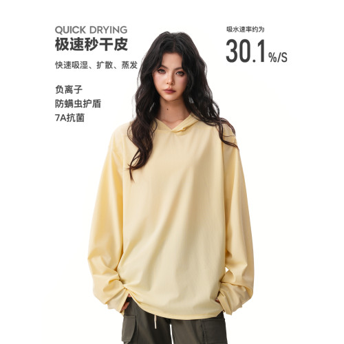 戶外吸濕速乾防曬長袖T恤女男春季涼感透氣騎行服寬鬆運動連帽衫