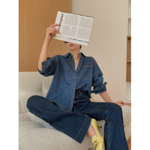 JWUNIQUE酒窩復古藍色牛仔襯衫女2026秋季長袖氣質百搭設計感上衣