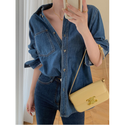 JWUNIQUE酒窩復古藍色牛仔襯衫女2026秋季長袖氣質百搭設計感上衣