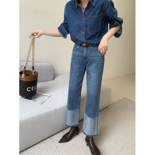 JWUNIQUE酒窩復古藍色牛仔襯衫女2026秋季長袖氣質百搭設計感上衣