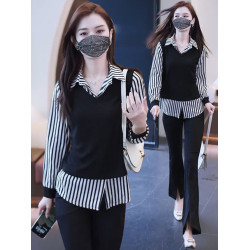 假兩件襯衫女遮肚子秋裝洋氣條紋打底衫襯衣顯瘦氣質小衫時尚上衣