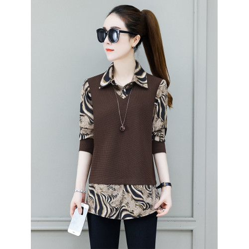 假兩件襯衫女遮肚子秋裝洋氣條紋打底衫襯衣顯瘦氣質小衫時尚上衣