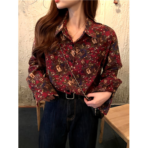 港味MAN風調調花花襯衫女小衆冷淡風復古法式燈芯絨氣質長袖襯衫