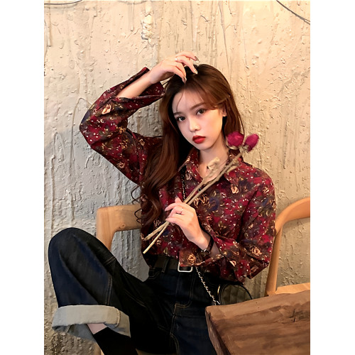 港味MAN風調調花花襯衫女小衆冷淡風復古法式燈芯絨氣質長袖襯衫