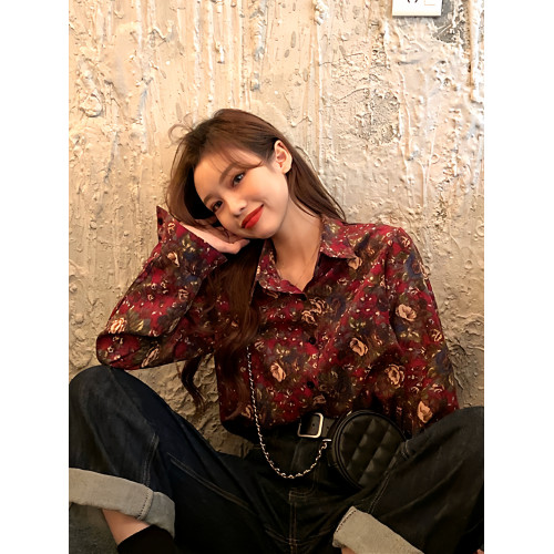 港味MAN風調調花花襯衫女小衆冷淡風復古法式燈芯絨氣質長袖襯衫