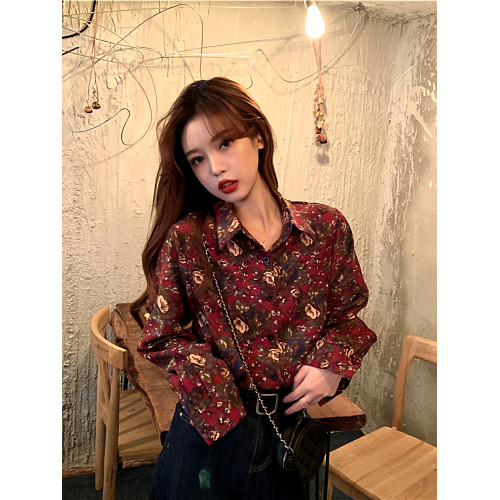 港味MAN風調調花花襯衫女小衆冷淡風復古法式燈芯絨氣質長袖襯衫