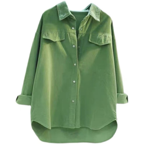 出口意大利大牌原單撤櫃餘單牛油果綠中長款燈芯絨襯衫女