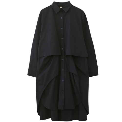 折釦春裝新款中長款襯衫長袖不規則寬鬆大碼顯瘦連衣裙淨色遮臀