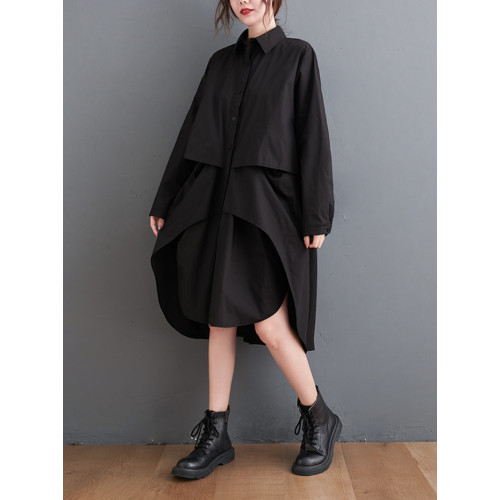 折釦春裝新款中長款襯衫長袖不規則寬鬆大碼顯瘦連衣裙淨色遮臀