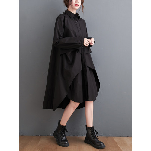 折釦春裝新款中長款襯衫長袖不規則寬鬆大碼顯瘦連衣裙淨色遮臀