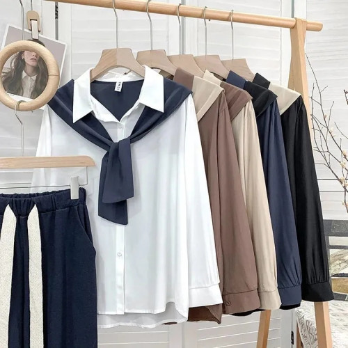 高級垂感寬鬆披肩假兩件長袖襯衫女秋設計感小衆別致外搭曡穿上衣