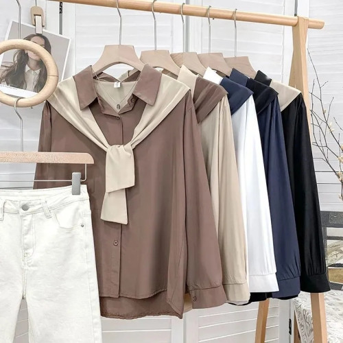 高級垂感寬鬆披肩假兩件長袖襯衫女秋設計感小衆別致外搭曡穿上衣