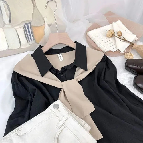 高級垂感寬鬆披肩假兩件長袖襯衫女秋設計感小衆別致外搭曡穿上衣