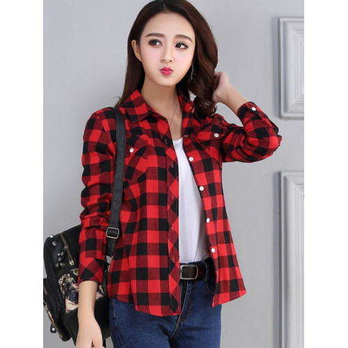 2025春秋新款棉質修身格子襯衫女長袖修身顯瘦打底衫女裝休閒外套