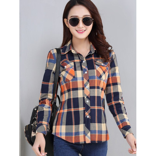 2025春秋新款棉質修身格子襯衫女長袖修身顯瘦打底衫女裝休閒外套