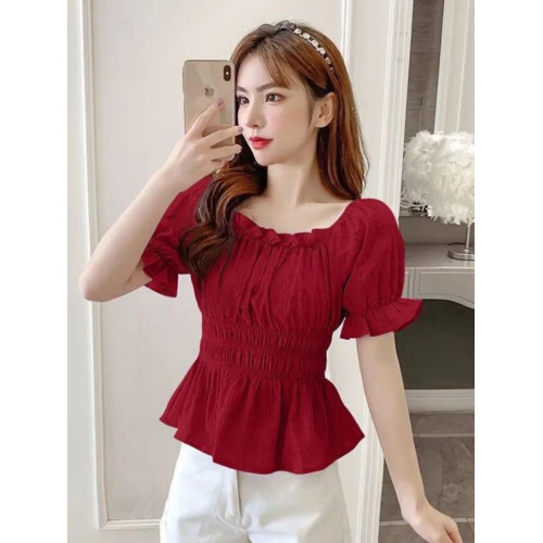 雪紡衫短袖夏季新品韓版收腰顯瘦純色褶皺一字肩女士上衣小衫時髦