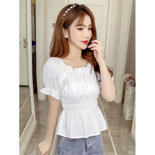 雪紡衫短袖夏季新品韓版收腰顯瘦純色褶皺一字肩女士上衣小衫時髦