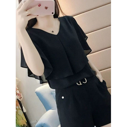 大碼雪紡衫短袖女新款春夏季韓版寬鬆顯瘦遮肚洋氣v領上衣潮隨性