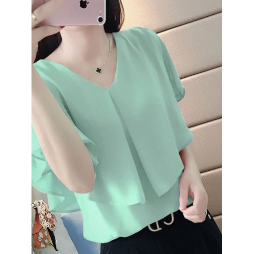 大碼雪紡衫短袖女新款春夏季韓版寬鬆顯瘦遮肚洋氣v領上衣潮隨性