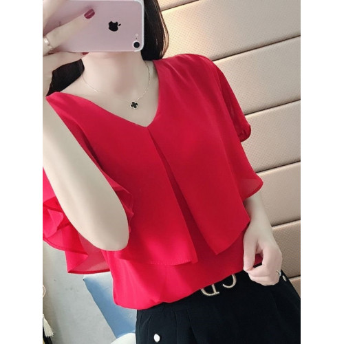 大碼雪紡衫短袖女新款春夏季韓版寬鬆顯瘦遮肚洋氣v領上衣潮隨性