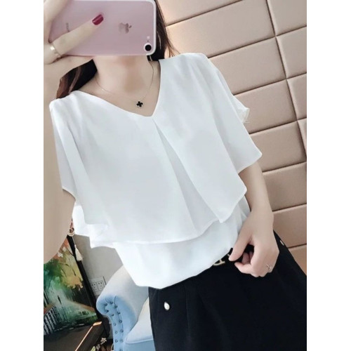 大碼雪紡衫短袖女新款春夏季韓版寬鬆顯瘦遮肚洋氣v領上衣潮隨性