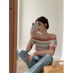 一字露肩短袖針織女2025夏季設計感修身顯瘦別致條紋短款潮