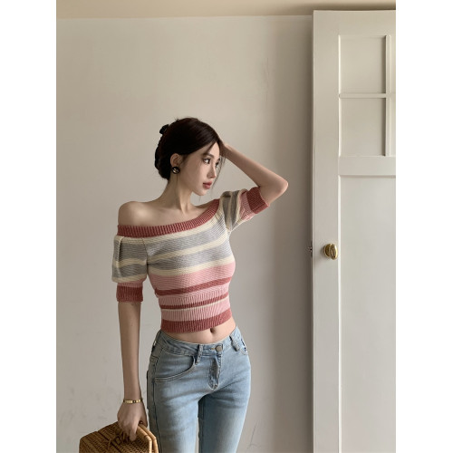 一字露肩短袖針織女2025夏季設計感修身顯瘦別致條紋短款潮