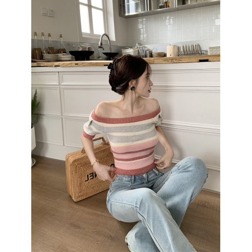 一字露肩短袖針織女2025夏季設計感修身顯瘦別致條紋短款潮