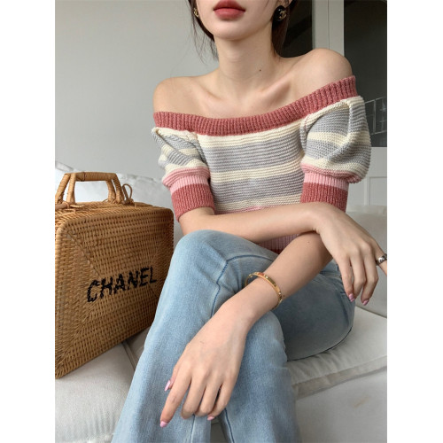 一字露肩短袖針織女2025夏季設計感修身顯瘦別致條紋短款潮