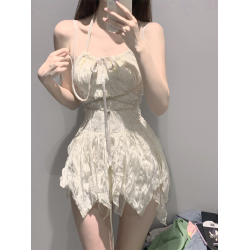 法式白月光掛脖吊帶連衣裙小個子女裝2025新款不規則包臀裙子夏季