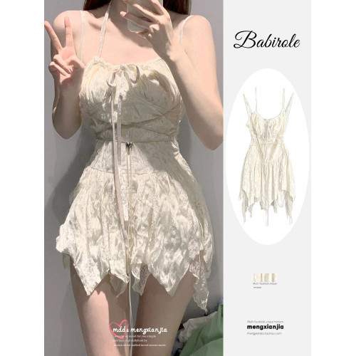 法式白月光掛脖吊帶連衣裙小個子女裝2025新款不規則包臀裙子夏季