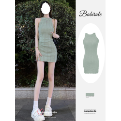 鹽系穿搭小個子顯身材掛脖連衣裙2025新款女裝波浪紋收腰包臀短裙