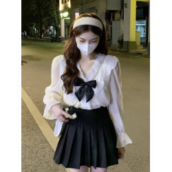 蝴蝶結打底蕾絲雪紡衫女秋冬大碼胖mm設計感顯瘦法式溫柔長袖上衣