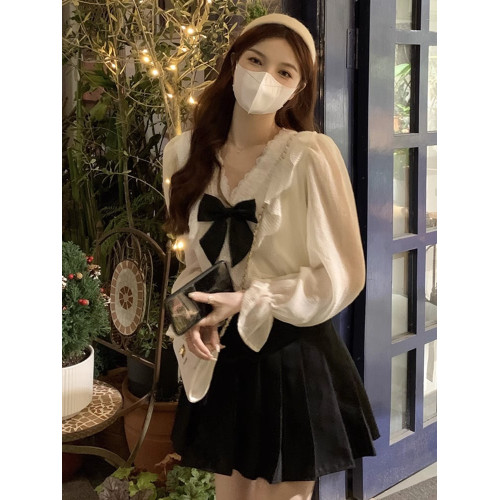 蝴蝶結打底蕾絲雪紡衫女秋冬大碼胖mm設計感顯瘦法式溫柔長袖上衣