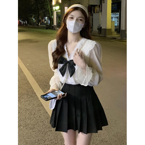 蝴蝶結打底蕾絲雪紡衫女秋冬大碼胖mm設計感顯瘦法式溫柔長袖上衣